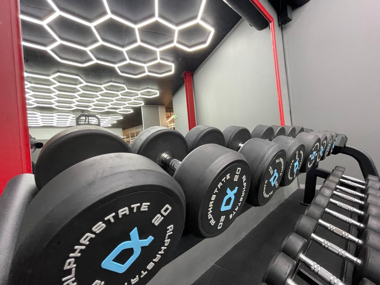 Full dumbbell rack under hex lights at MOVE Gym